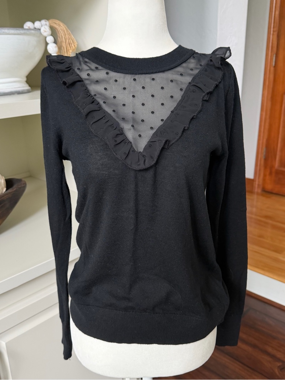 LOFT Black Polka Dot Mesh Panel Ruffle Sweater